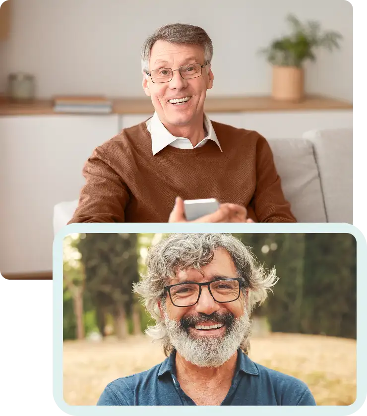Seniors collage: tablet indoors, outdoor smile – everyday ease with premium IOLs clarity.